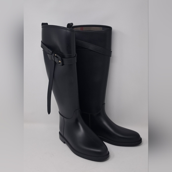 Burberry Women's Rain Boots Knee High Equestrian Black Belt Italy 36 EU 6 US - Picture 2 of 13
